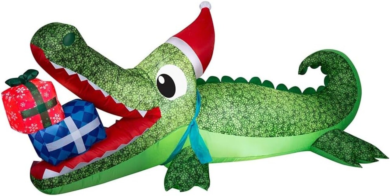 9' Gemmy Airblown Inflatable Christmas Alligator w/ Santa Hat Eating Presents Yard Decoration 881966